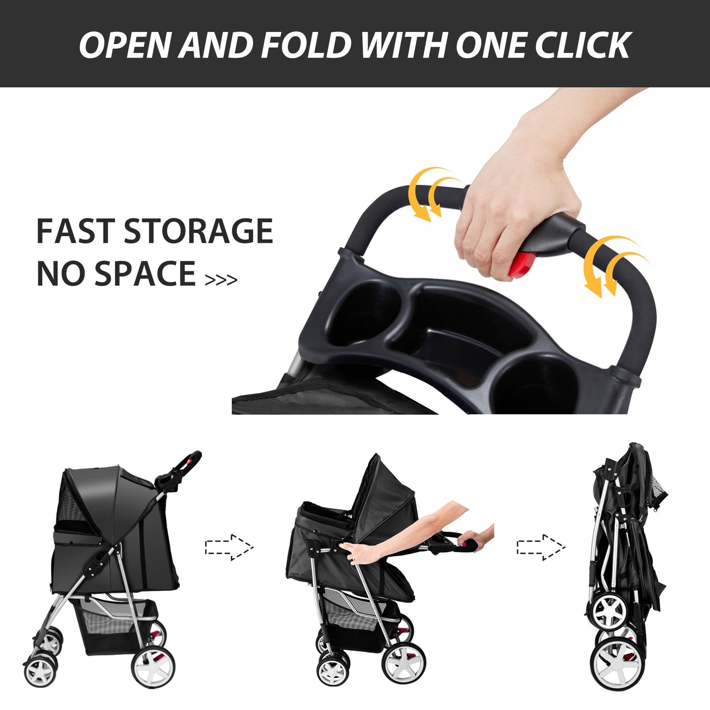 Unisakey 4 Wheels Pet Stroller for Small Medium Dogs Cats 10-33 lbs, Foldable Dog and Cat Stroller with Cup Holder & Storage Basket & Breathable Mesh, Pet Strolling Cart for All-Season, Black