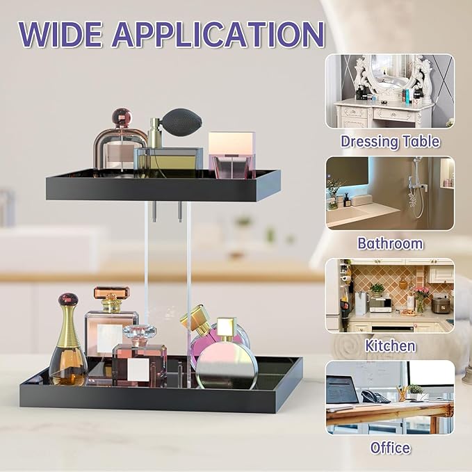 NiHome Acrylic Perfume Display Organizer, 2-Tier Cologne Organizer, Makeup Holder with Mirrored Base, Handmade Vanity Storage Versatile Countertop Tray for Cosmetics Toiletries, Black