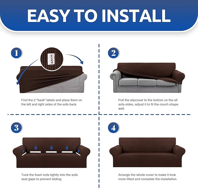 KEKUOU Stretch Sofa Cover Slipcover ，Couch Covers for 3 Cushion Couch Sofa pet Friendly (78"-94") Furniture Protector Sofa with Elastic Bottom for Kids,Dog, Jacquard Small Checked(Large,Chocolate)