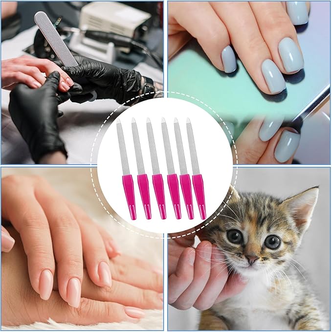 Metal Nail Files with Sharp Pointed Tip Made of Stainless Steel Non Slip Handle, Nail File Double Sided Sapphire Grit for Natural Nails Fingernails limas de uÃÂ±as metÃÂ¡licas Color Pink (6 Pcs)