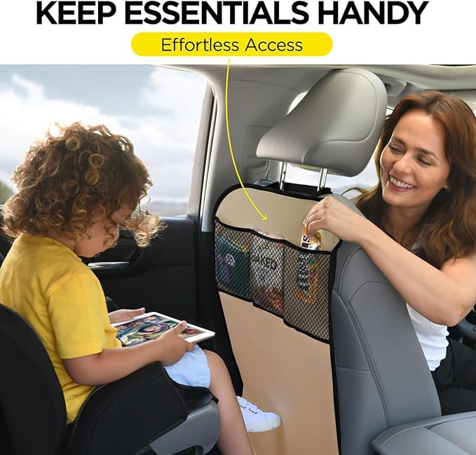 lebogner Back Seat Cover for Kids + 3 Pocket Storage Organizer, 2 Pack Kick Mats Backseat Protector, Car Accessories Waterproof Kick Guard for Vehicles to Protect from Dirt, Mud & Scratches, Beige