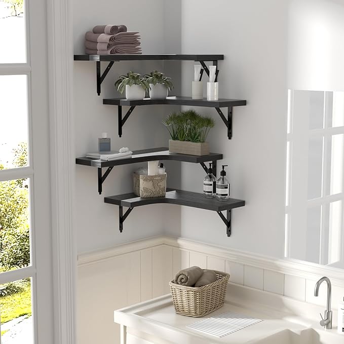 ROMGUAR CRAFT Corner Floating Shelves Wall Mounted Set of 4, Rustic Wood Storage Display Shelves for Home Decor, Bathroom, Kitchen, Bedroom, Living Room, Office (Black)