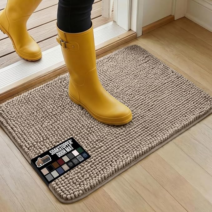 GORILLA GRIP SoakSTOPPER Dog Door Mat, Machine Washable Rug Absorbent Doormat Captures Moisture Mud Dirt, Quick Dry Soft Chenille Entryway Rugs Indoor Entrance Mats for Dog Paws, 24x17 Beige