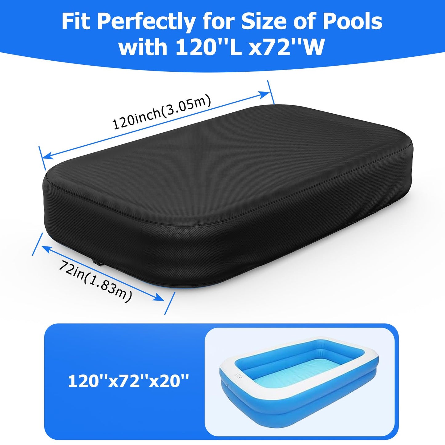 Rectangular Pool Cover for Inflatable Pool, Fits Blow Up Pool Size 120" L x 72" W, Built-in Elastic Band and Extra Buckle to Prevent Slipping, 10' x 6' Rectangle Above Ground Swimming Pool Cover