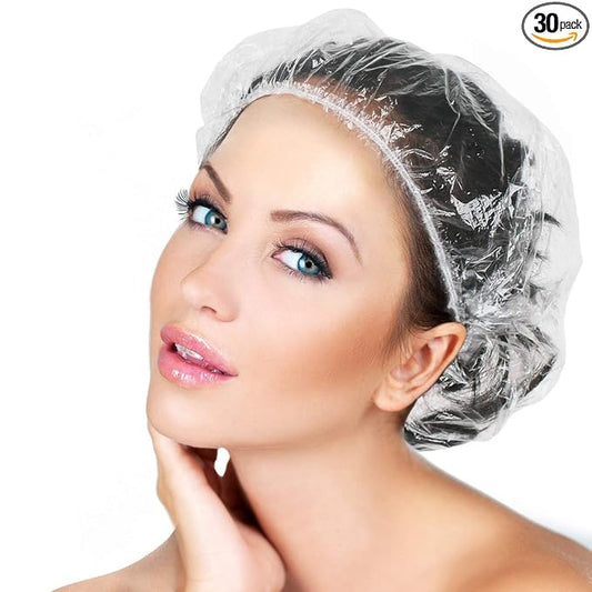 30pcs Disposable Shower Caps-Multi-Purpose Thickening Elastic Bath Cap Plastic Waterproof Clear Shower Cap Bath Shower Caps Women Spa,Men Hair Caps,Home Use,Hotel and Hair Salon, Travel.(Size 46CM)