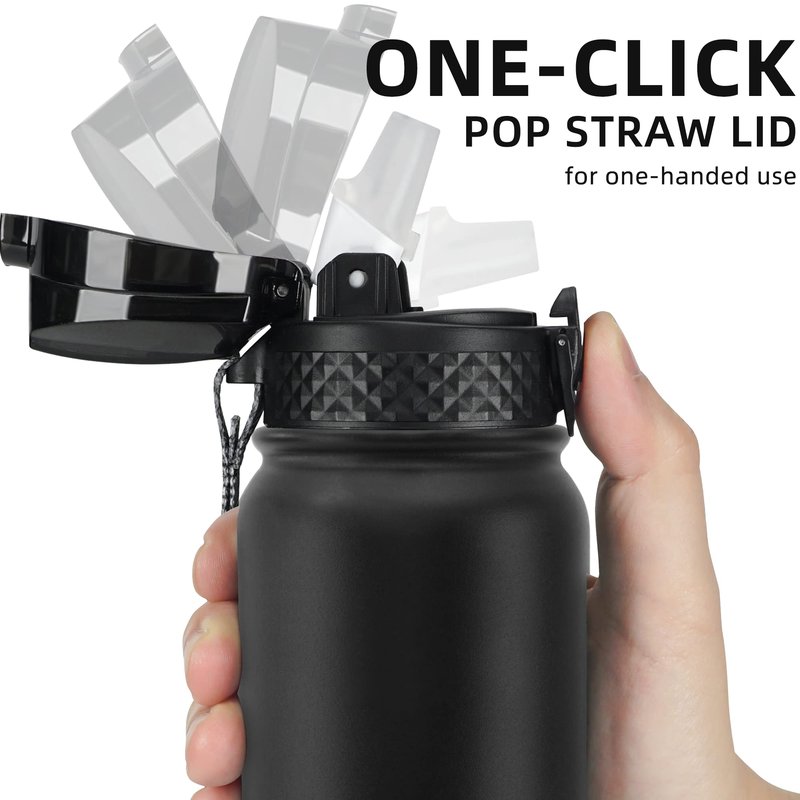 Fanhaw 20 Oz Kids Insulated Stainless Steel Water Bottle with Straw Lid, Leakproof & Anti-Dust Everyday Use Bottle for School, Women & Men, Back to School Essentials (Black)