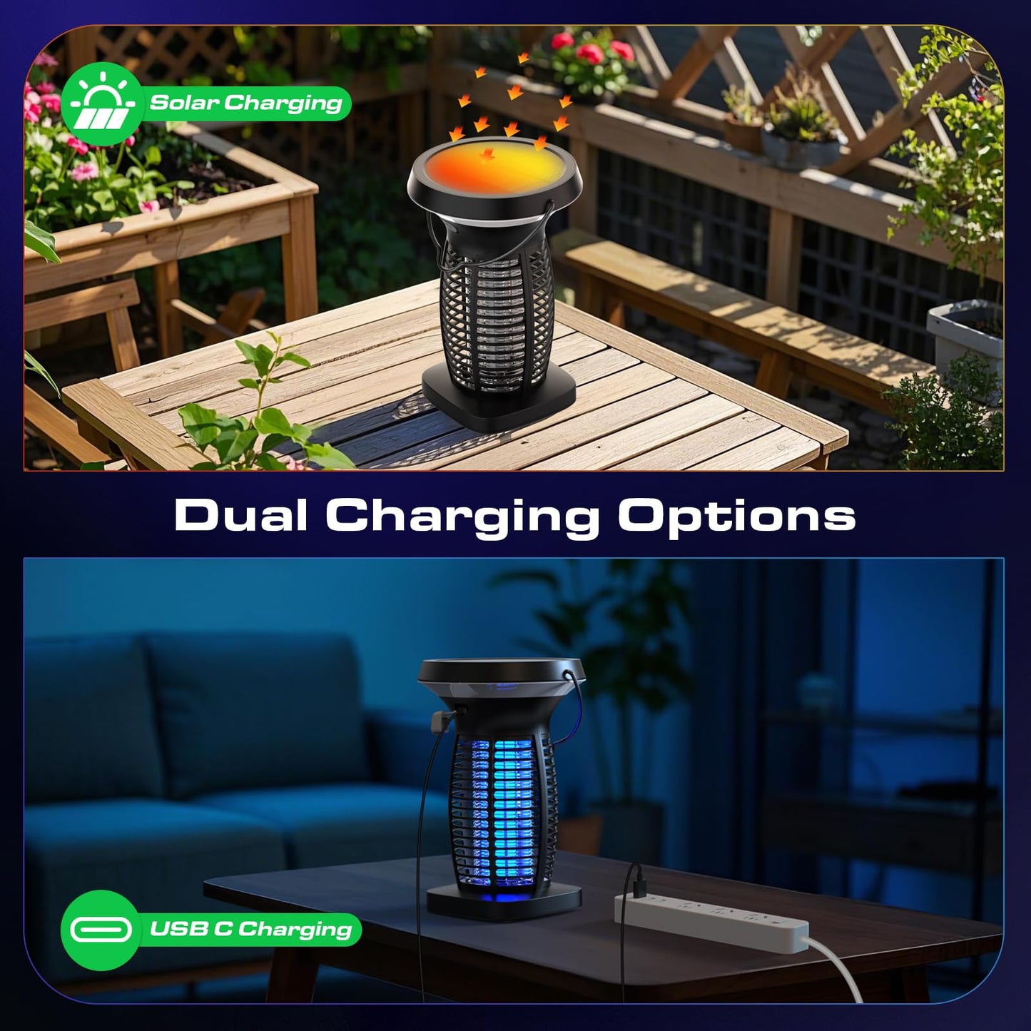 OnBeam Solar Bug Zapper Outdoor, Mosquito Zapper Outdoor Waterproof Electric Rechargeable Fly Zapper with Solar Panel, 4200V Fly Trap Indoor for Home Backyard, Patio, Garden, Camping