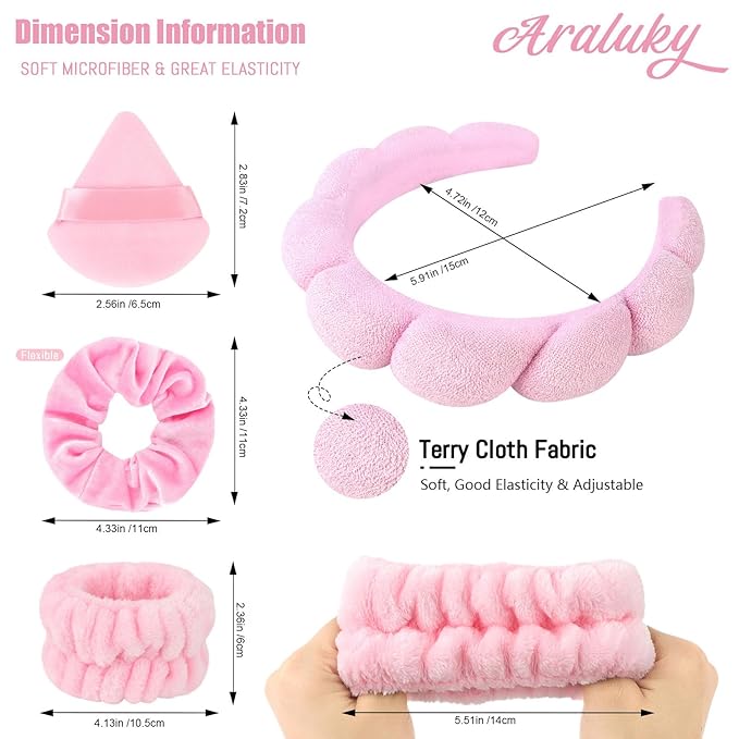 Spa Headband Set, 7Pcs Puffy Terry Cloth Headband and Wristband for Skincare, Makeup, Yoga, Shower, Spa Party, Sleepover Party, Pink