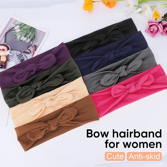 DRESHOW 8 Pack Headbands for Women Bow Knotted Hair Band Facial Cloth Rabbit Ears Running Sport Elastic Hair Wrap