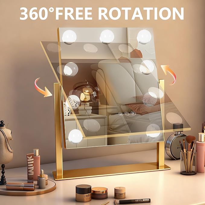Gold Hollywood Vanity Mirror with Lights, 9 Dimmable Bulbs, 3 Color Lights,Make Up Lighted Mirror, 10x Magnification 360°Rotation(12" x 14")