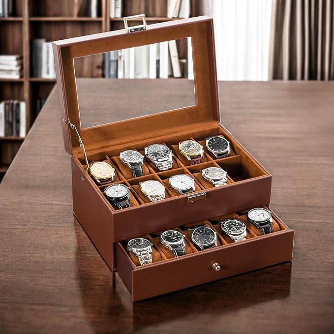 ProCase Watch Box for Men, 12 Slot Mens Watch Case With Drawer, Watch Display Case With Glass Lid, 2-Layer Watch Holder Organizer, Jewelry and Watch Storage for Men Women -20 Slot, Espresso