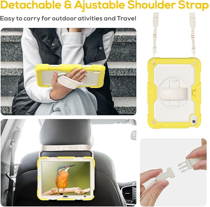 BLOSOMEET Case for iPad A16 11th/10th Generation 11''/10.9'' 2025 2022 with Tempered Glass Screen Protector, Rugged Cute Girls Boys Cover with Stand Hand Shoulder Strap, Fashion Yellow