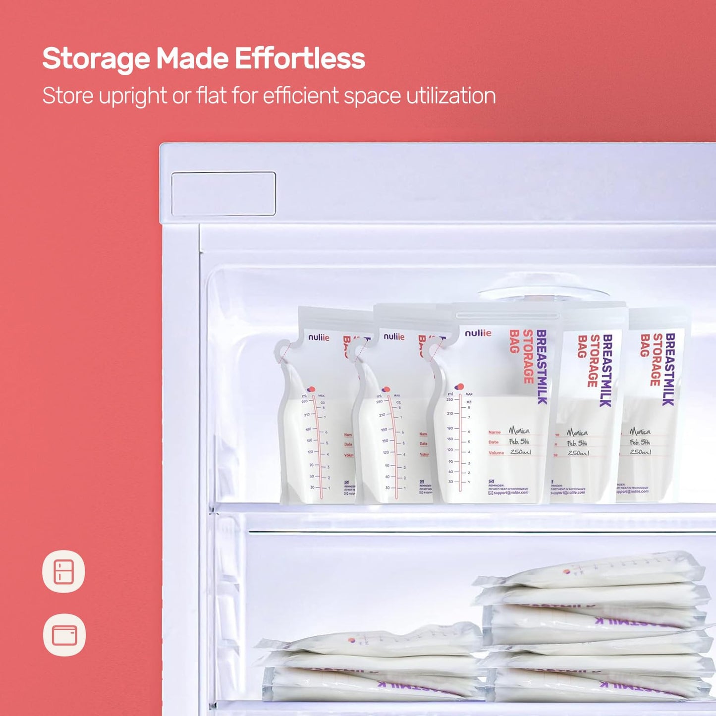 Nuliie 300 Pcs Breastmilk Storage Bags Freezer, 8 OZ Breast Milk Storing Bags, BPA-Free, Milk Storage Bags with Pour Spout for Breastfeeding, Self-Standing Bag, Space Saving Flat Profile