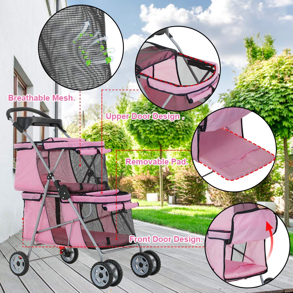 Dog Stroller Cat Pet Carriers for Small Medium Dogs Cats Travel Camping 4 Wheels Lightweight Folding Crate Stroller with Soft Pad (Pink)