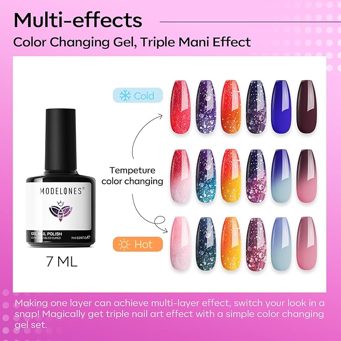 modelones Color Changing Gel Nail Polish Set, 6 Colors 2026 Red Pink Glitter Blue Purple Mood Temperature Change Nail Polish Gel Set Soak Off Nail Art Gel DIY Salon Manicure Gift