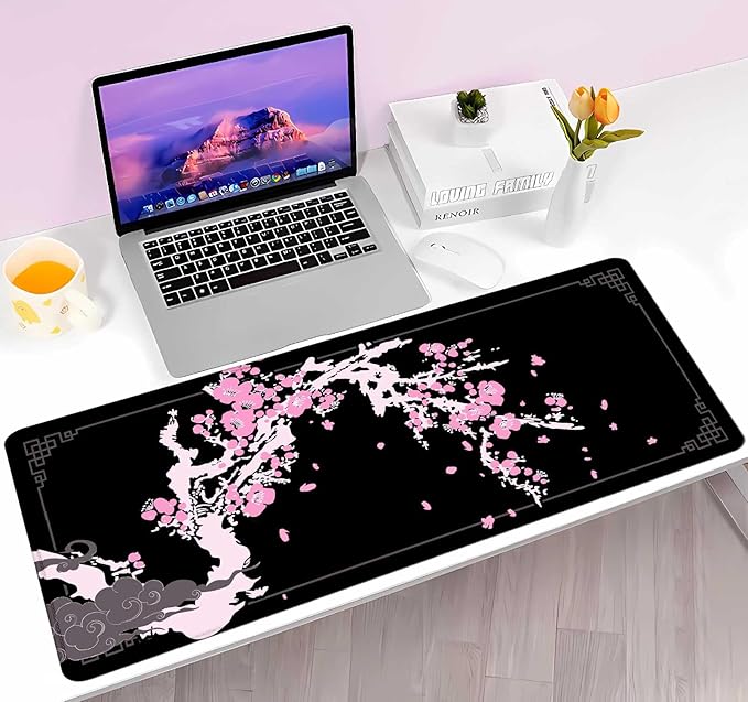 Japanese Pink Cherry Blossom Desk Pad, Black Long Mouse Pad Deskmat, Cute Desk Mat for Desktop, Women Computer Laptop Protector Writing Pads for School Office, 31.5 X 11.8 in- Sakura Flowers