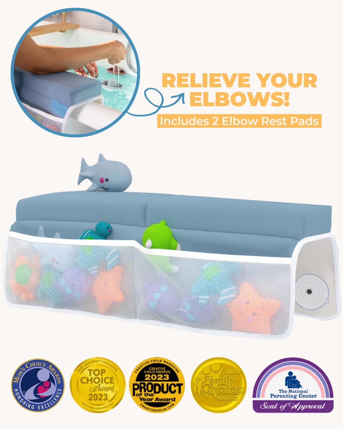 Comfortable Baby Bath Kneeler and Elbow Rest Pad Set – Thick Memory Foam Bath Kneeling Pad with Elbow Support – Baby Bathtub Cushion with Toy Organizer for Bathing Infant or Toddler - Blue