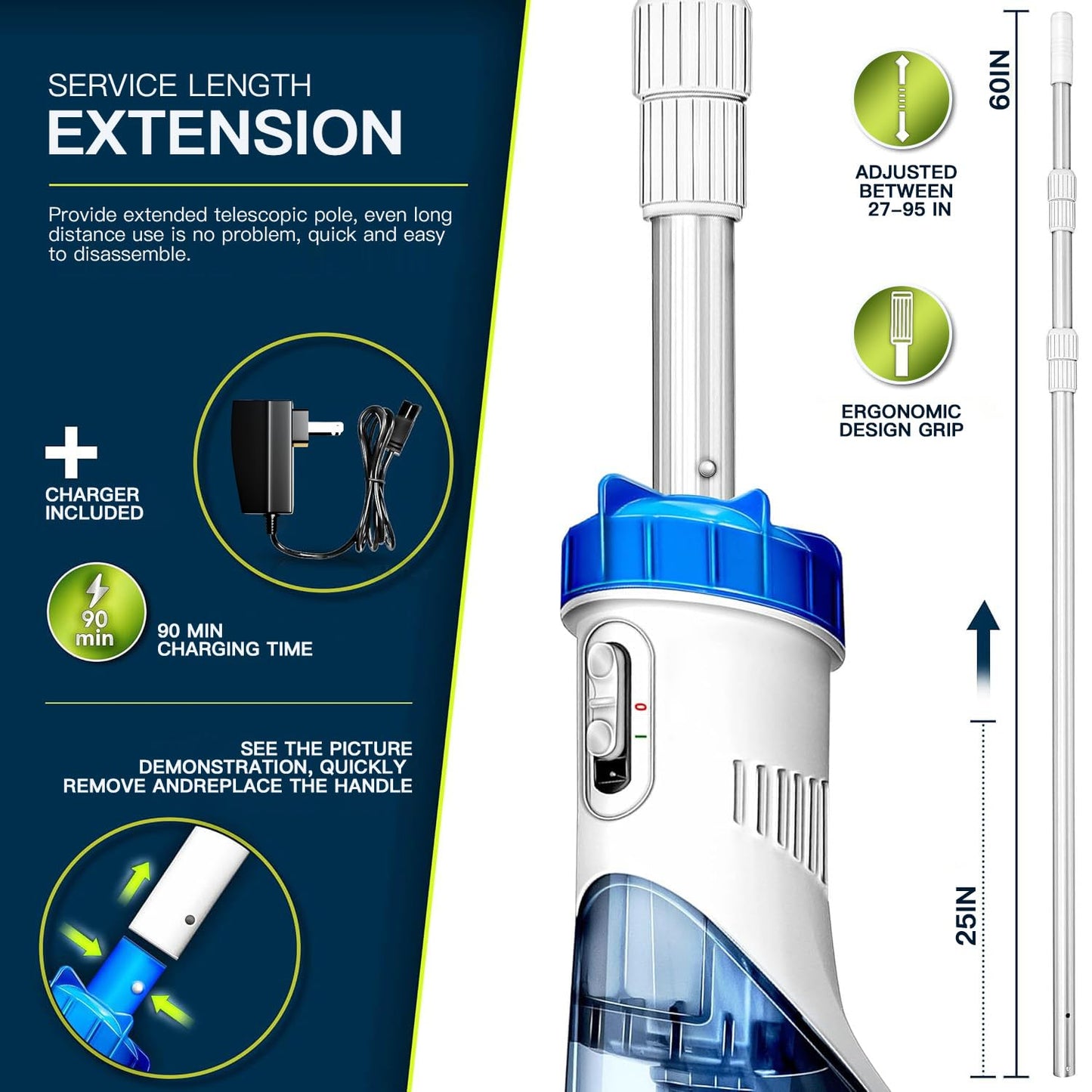 Cordless Handheld Pool Vacuum with Telescopic Pole, Rechargeable Hot Tub SPA Vacuum, 18GPM Powerful Suction, 60Min Runtime, Pools up to 88", Portable Pool Cleaner for Above Ground/Inground Pools