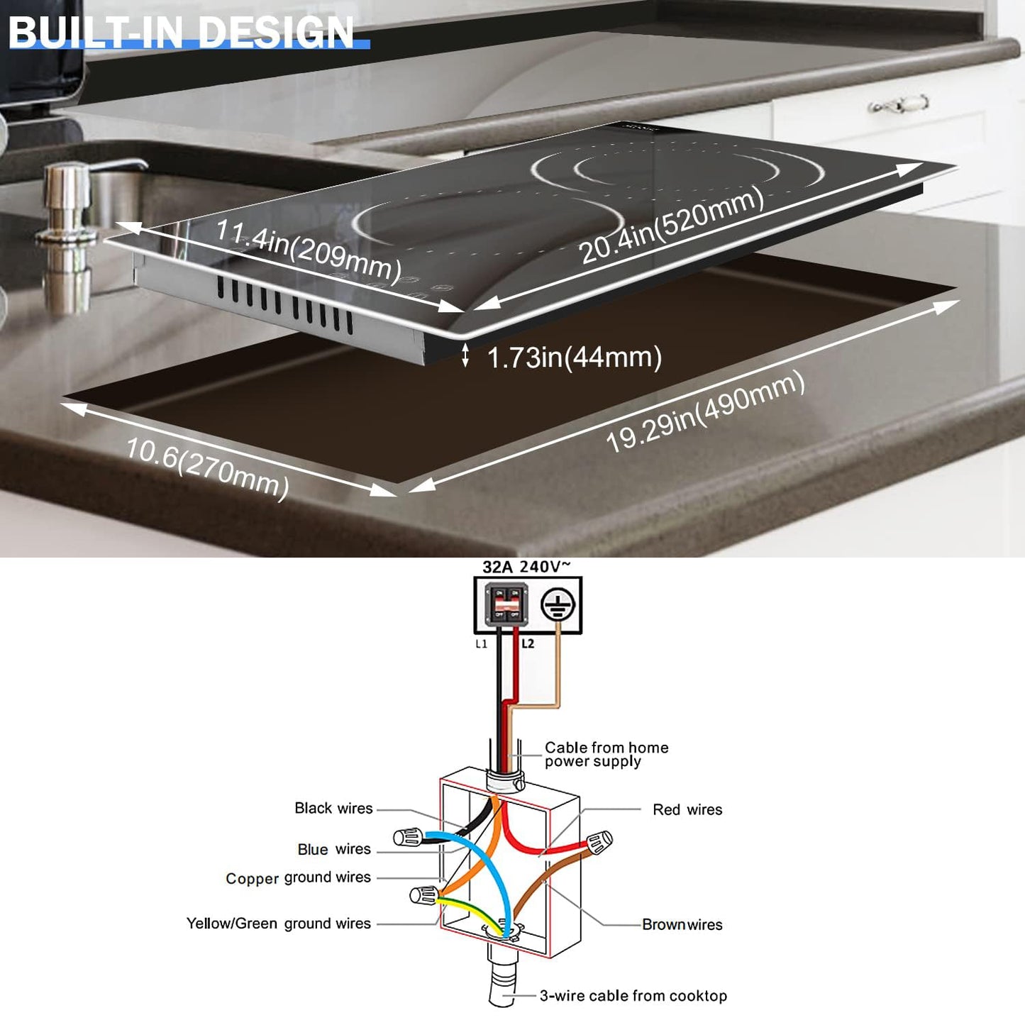 Hobsir hob 2 Burners Electric Cooktop, 12 inch Electric Stove Top Burner, Built-in Ceramic Stove with Touch Control, Timer, Safety Lock, 9 Power Levels 3200W, 220V-240V Hard Wire (No Plug)
