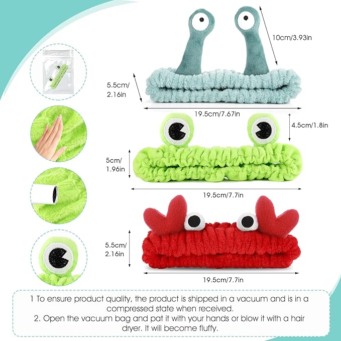 3 Pieces Face Wash Hairband Spa Headband Facial Makeup Hair Band Skincare Head Wraps Cartoon Elastic Head Band Cute Frog Snail Crab Creative Hair Accessories for Shower Beauty Sports
