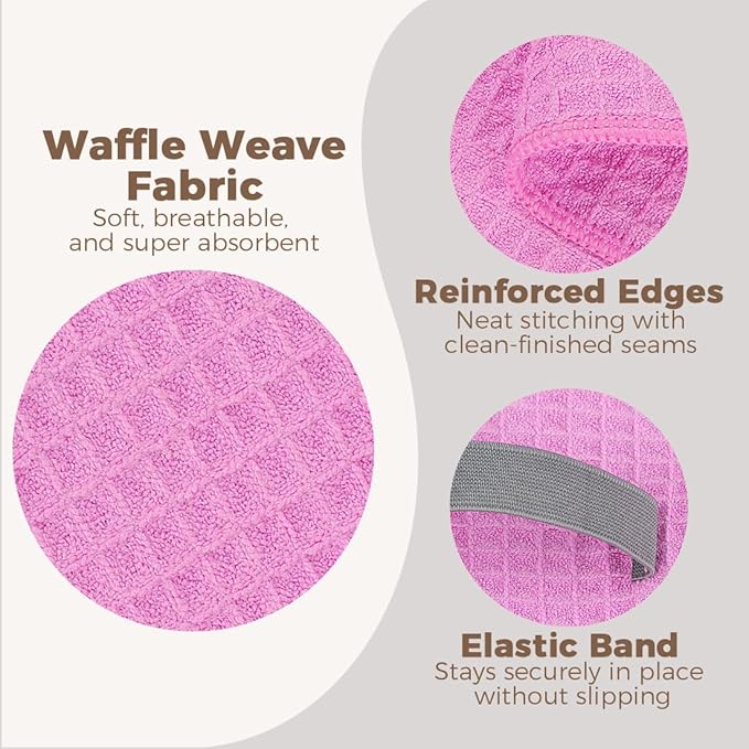 HOMEXCEL 2 Pack Large Microfiber Hair Towels Waffle Weave- 40 x 26.5 inches Fast Drying Turbans for Long, Thick, Curly Hair - Anti Frizz Wrap with Elastic Strap, Blue/Pink