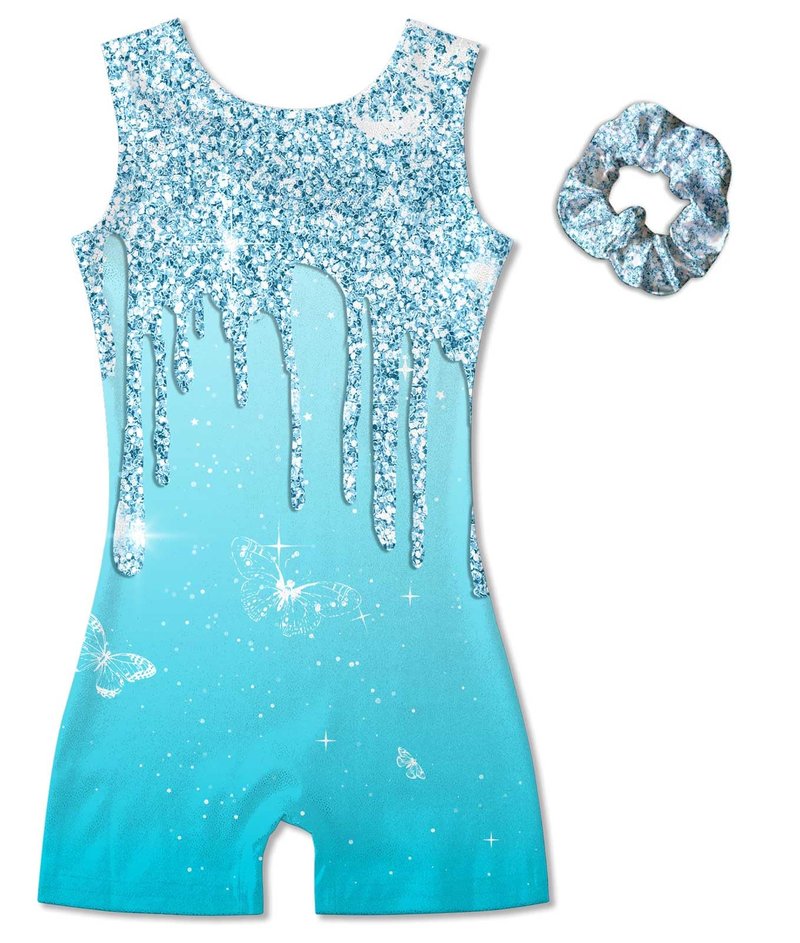 Vogseek Sparkly Gymnastics Leotards for Girls 6 7 Years Cute Light Blue Shiny Ballet Dance Unitards Biketards with Hair Scrunchie Kids Tumbling Shorts Activewear Clothes, Blue Shiny