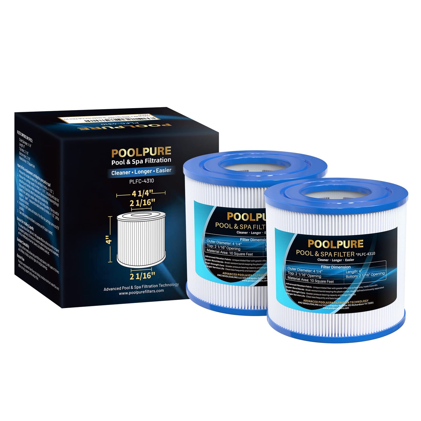 POOLPURE C-4310 Spa Filter Replaces PWW10, Filbur FC-3077, Excel Filters XLS-435, Aladdin 11003, Baleen AK-3006, Darlly 40101, Thermo Spa FL1003, SD-00260 Hot Tub Filter 2 Pack