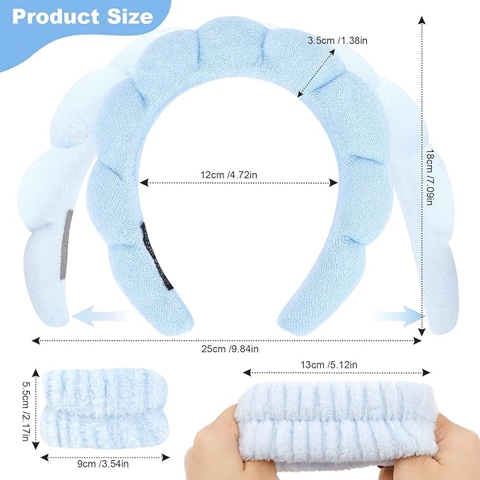 6Pcs Blue Spa Set, Skincare Wrist Washbands, Terry Cloth Headbands for Face Washing