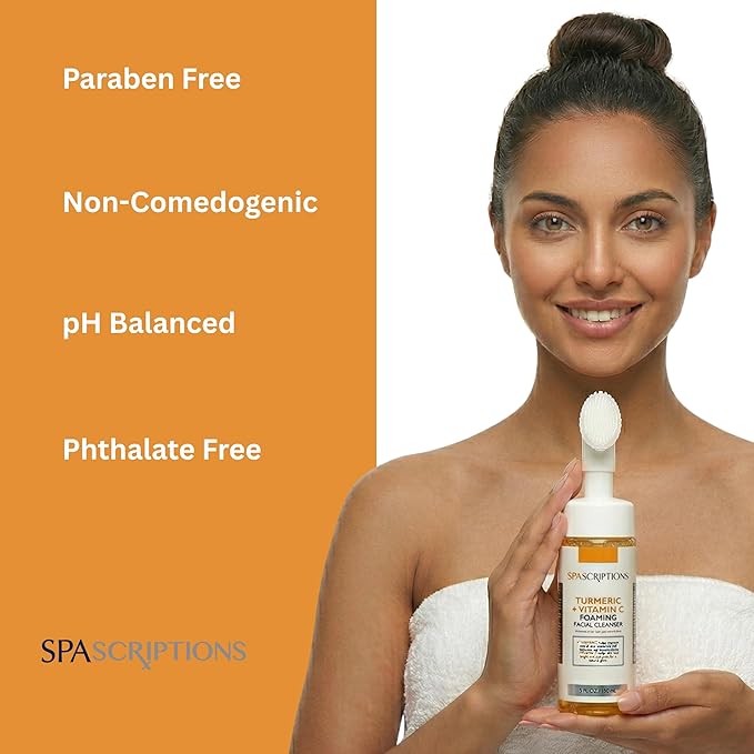 SpaScriptions 2 in 1 Cleanse & Exfoliate Foaming Facial Cleanser - Turmeric & Vitamin C Face Wash with Silicone Brush for Dullness & Uneven Skin Tone with Radiance Support for Daily Cleansing, 5 oz