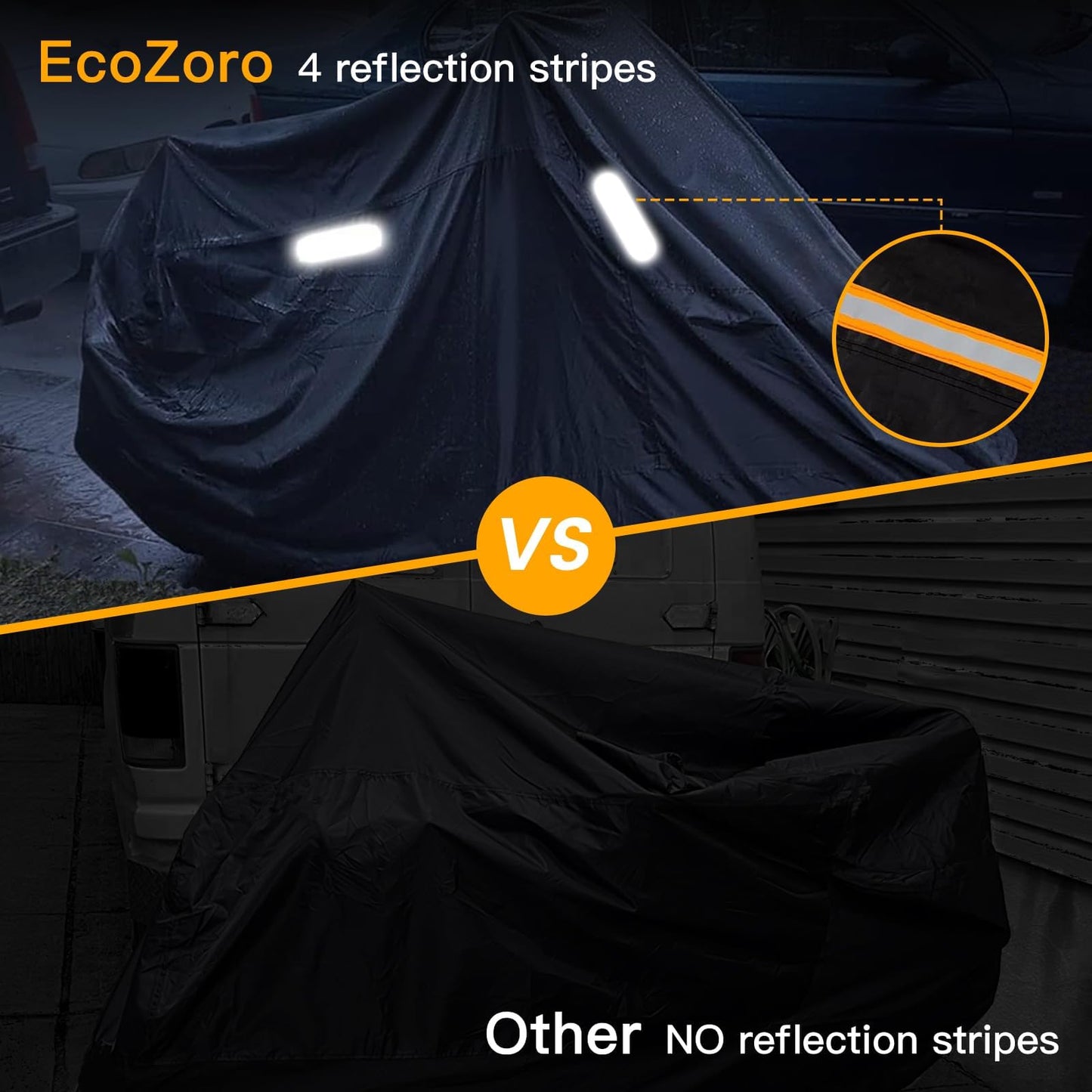 EcoZoro 300D Heavy Duty Motorcycle Cover - All Season Waterproof Outdoor Protection with Lock-Holes, Night Reflective & Storage Bag Fits up to 86.6" Cruiser, Touring, Sportbike, Dirt Bike, Scooter