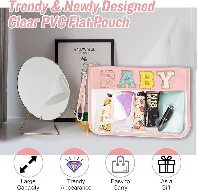 izuzta Chenille Letter Clear Bag Baby Purse Pouch, Monogram PVC & PU Clear Zipper Pouch with Wristlet, Waterproof Portable Glitter Snacks Makeup Beach Pouch Toiletry Bag for Women Girls (BABY-Pink)