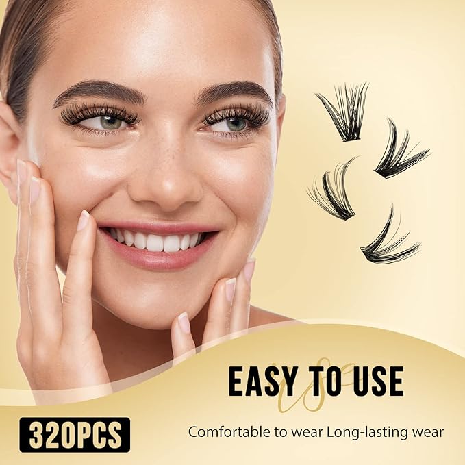 QUEWEL Lash Clusters 320Pcs Cluster Lashes 40D+50D C Curl Lash Cluster Eyelash Extensions Mix12-18mm Individual Eyelashes Clusters Wispy Lash Clusters Thin Band Soft to Use at Home(40D+50D C Mix12-18)