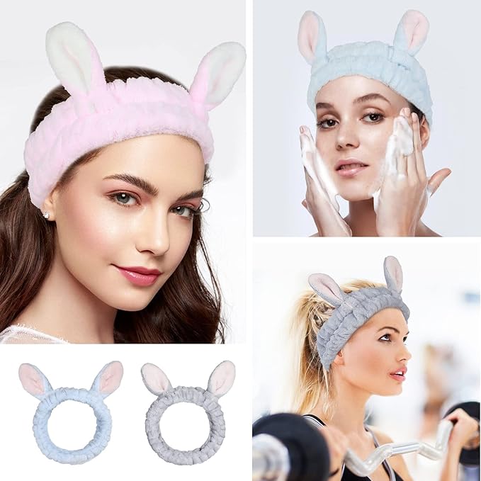 4 Pack Elastic Makeup Headbands for Women, Girls' Soft Flannel Bunny Ears Headbands Head Wraps, SPA Headband Hair Band for Washing Face