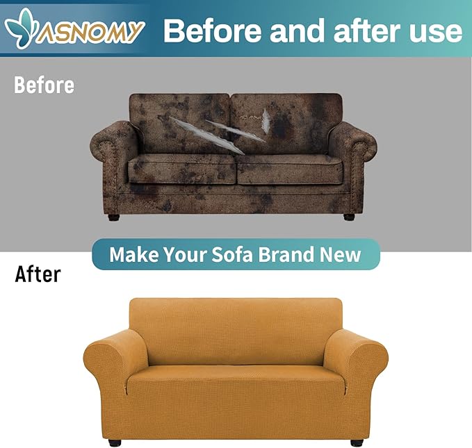 Asnomy Sofa Covers for 2 Cushion Couch Stretch loveseat Covers Slipcovers, Pet Protector Furniture Covers for Dogs Cats Spandex Jacquard Fabric Small Checks （Medium， Golden）
