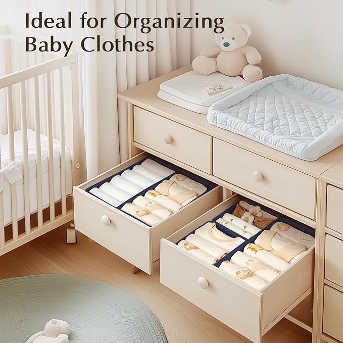 DIMJ Drawer Organizers Clothes, Set of 12 Dresser Organizer Bins, Fabric Closet Organizers and Storage, Shallow Drawer Dividers for Nursery, Clothing, Baby Clothes, Socks, Underwears, Tie (Navy Blue)
