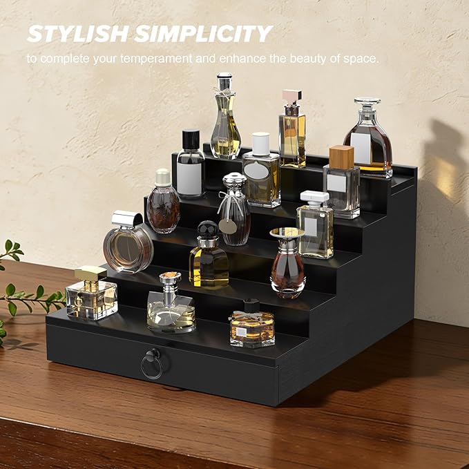Cologne Organizer for Men, 5 Tier Black Wood Perfume Organizer with Felt Lining Drawer and Hidden Compartment, Perfume Display Holder, A Gift for Men