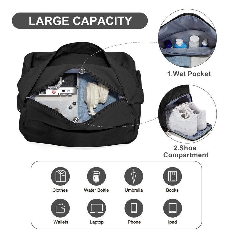 Large Gym Bag with Shoe Compartment, Workout Sport Duffle Bag for Women Travel, Waterproof Shoulder Overnight Bags Lightweight Carry on Tote Bags for Swim, Yoga, Dance