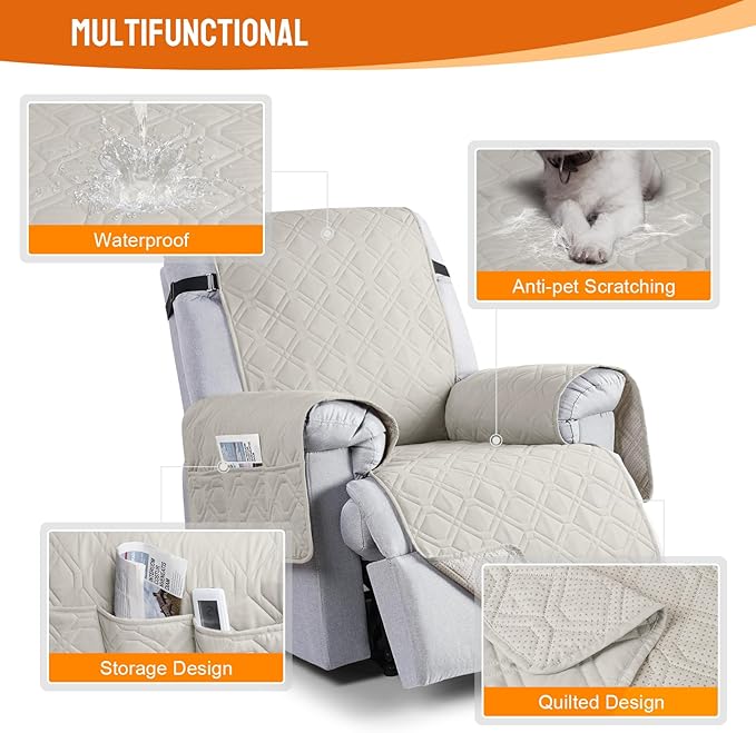 VANSOFY 100% Waterproof Recliner Chair Covers, Recliner Cover Non-Slip Dog Chair Cover Furniture Protector Washable Slipcover with Pocket, Elastic Straps for Pets, Dogs(Beige, 30")