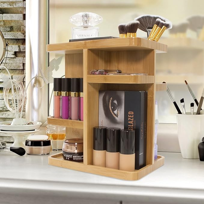 Sorbus 360ÃÂ° Makeup Organizer - Bamboo Wood Make Up Storage Carousel for Cosmetics, Skin Care Rotating Makeup Organizer for Vanity, Bathroom Storage
