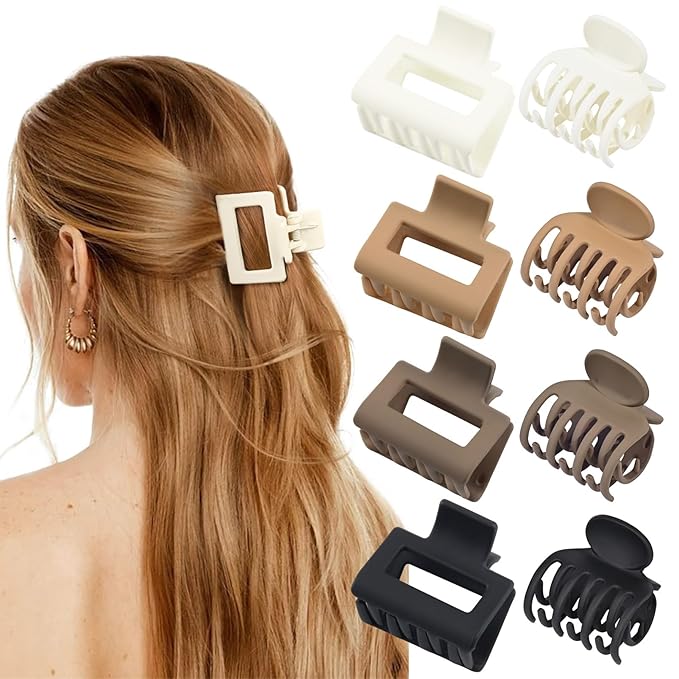 DEEKA 8 Pack Medium Small Hair Clips Set 2"" Rectangle and 1.6"" Double Row Teeth Hair Claw Clips for Thin Short Hair Matte Hair Clips Hair Accessories for Women Girls, Beige, Brown, Khaki, Black