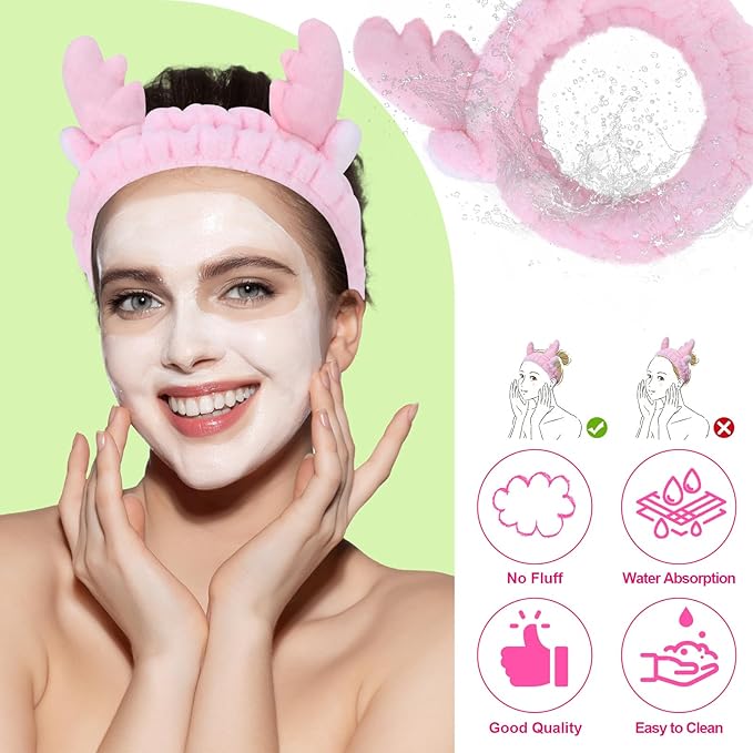 Jowmoy Cute Pink antlers Headband Frog Eye Elastic to Wash Face for Women Makeup Shower Spa.