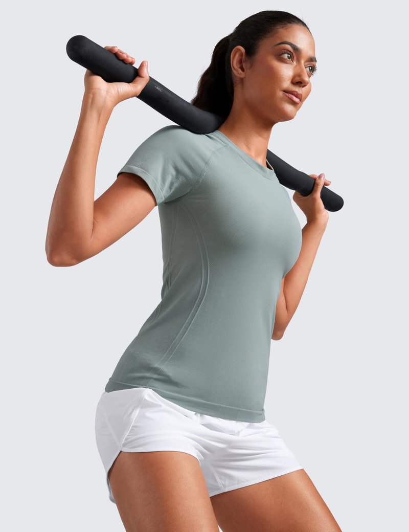 CRZ YOGA Seamless Workout Tops for Women Hip Length - Athletic Running Gym Yoga Short Sleeve Shirts Breathable Crewneck Tees Green Palm Court XX-Small