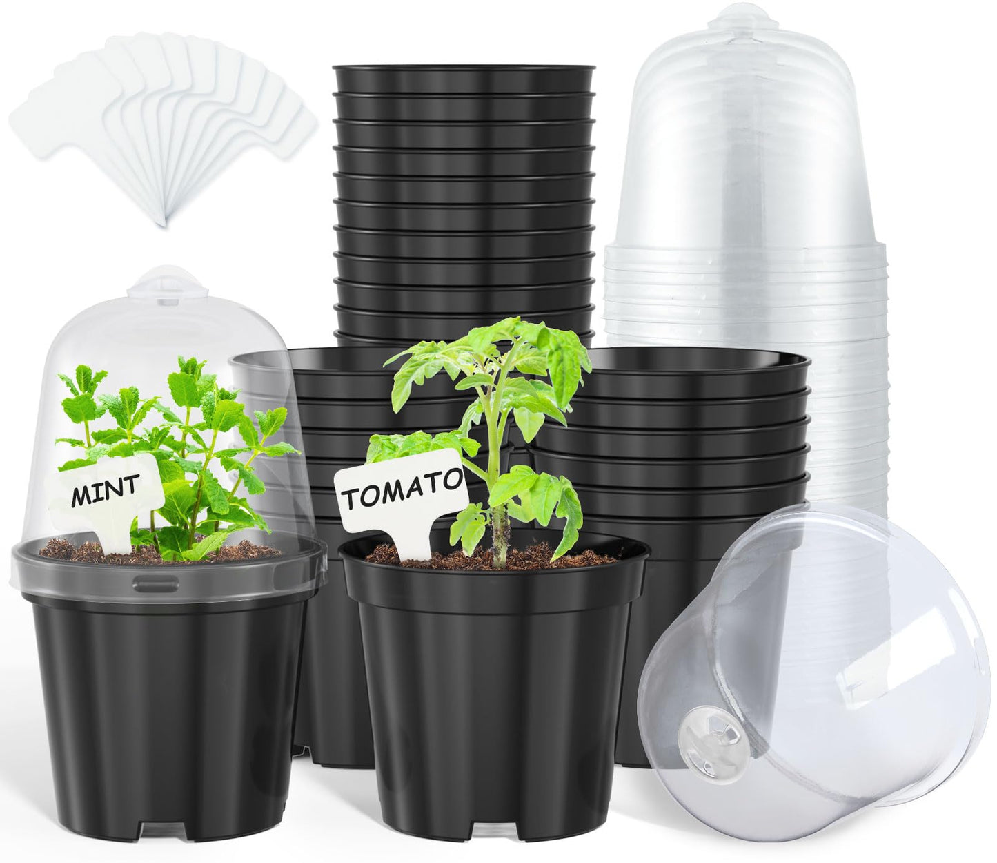 homenote Nursery Pots for Plants,4 Inch Plant Pot for Planting with Humidity Domes Plastic Seedling with Drainage Holes Seed Starter Flower with 10 Labels Black (30 Pack)