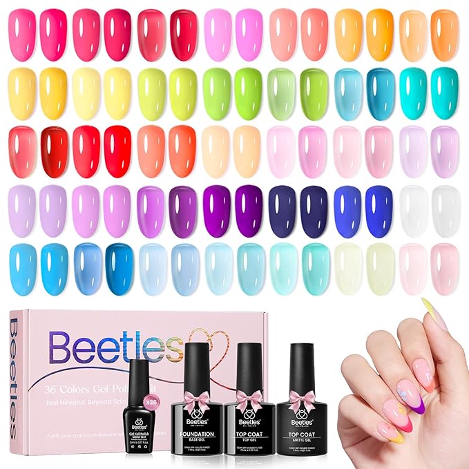 Beetles Neon Gel Polish Set - 36 Colors Dewdrop Flora Gel Nail Kit Spring Jelly Pink Milky White Yellow Purple Green Natural Classic Color Set Soak Off UV LED Home Salon Summer Gift for Women