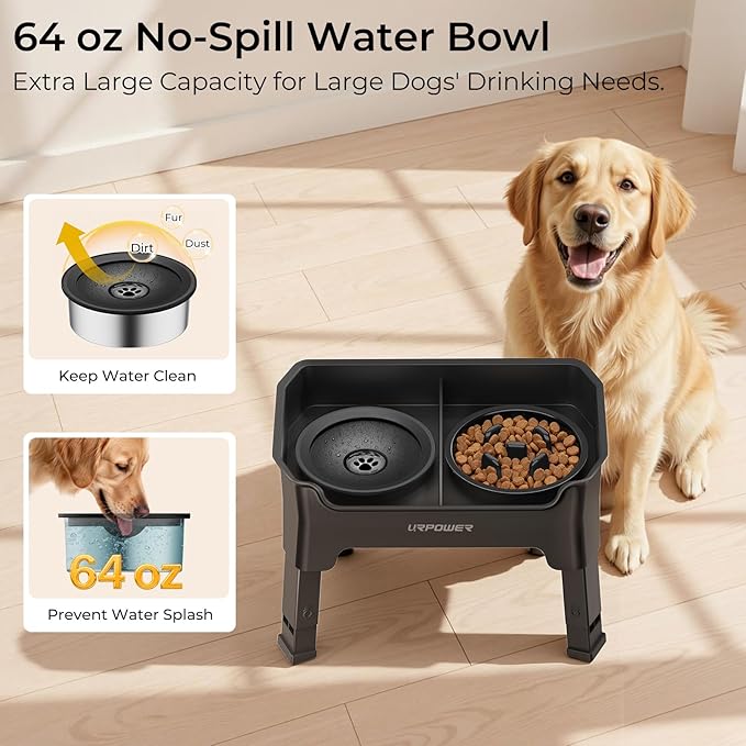 URPOWER Mess Proof Elevated Dog Bowls 4 Height Adjustable Raised Stand with No Spill Water Bowl and Slow Feeder Dog Bowls Non-Slip Food and Water Bowl Set for Small, Medium & Large Dogs