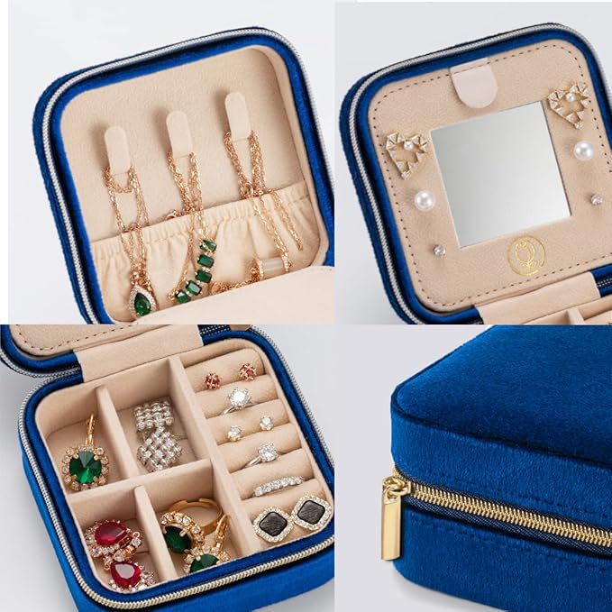 Plush Velvet Travel Jewelry Case, Travel Jewelry Organizer, Jewelry Travel Case, Travel Jewelry Box, Small Jewelry Case, Jewelry Travel Box, Earring Organizer with Mirror - NavyBlue 4packs