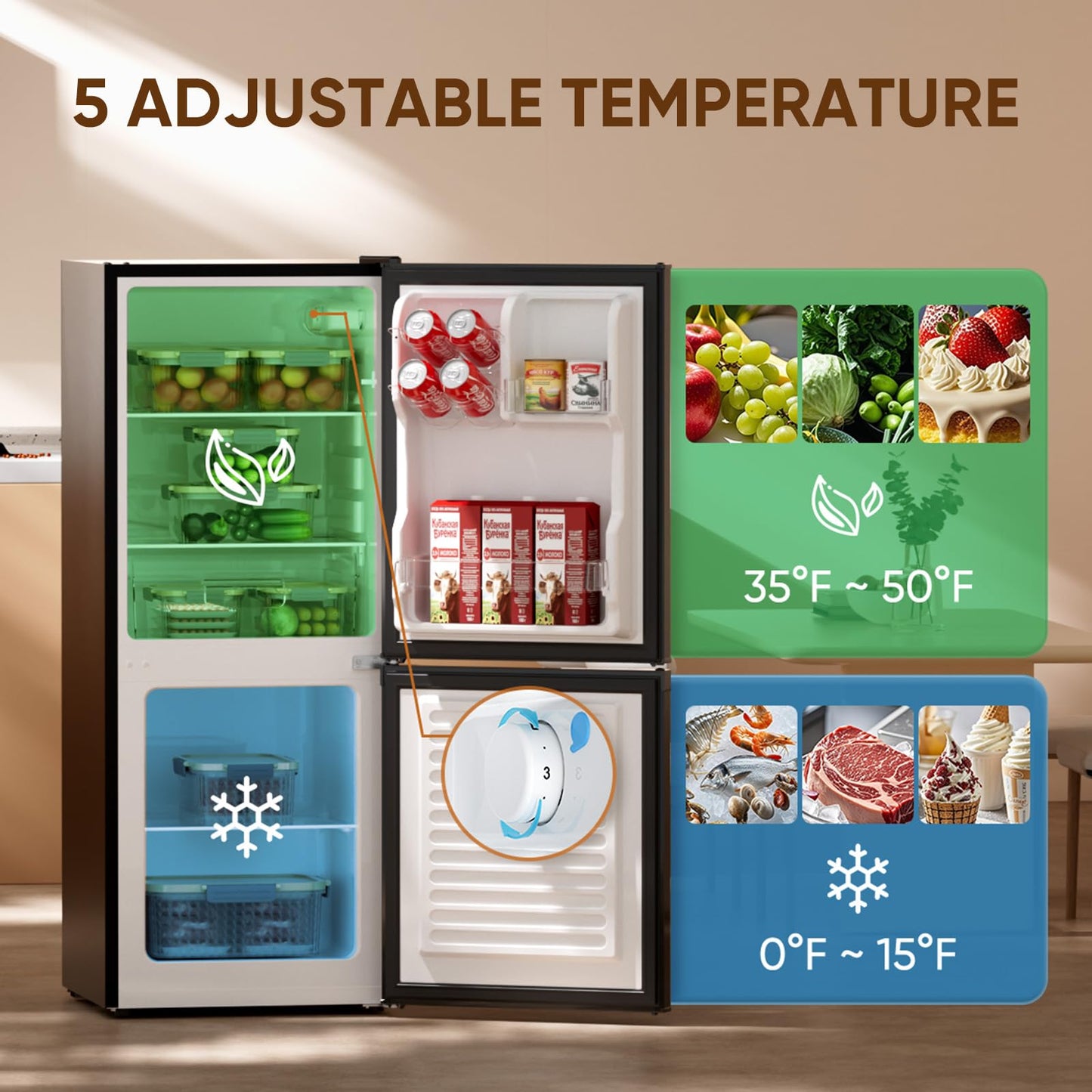 Upstreman 4.0 Cu.Ft Mini Fridge with Bottom Freezer, Double Door Small Refrigerator, Large Capacity Small Fridge with Freezer, Mini Refrigerator for Bedroom, Dorm, Office, BM40 (Black)