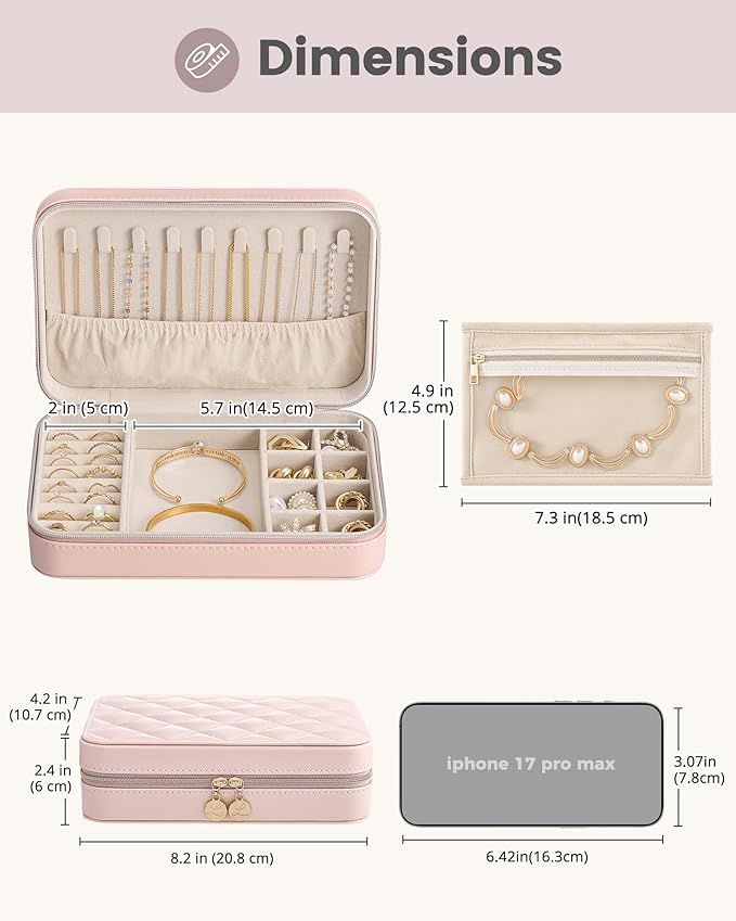Lolalet Travel Jewelry Case for Women Girls, Travel Jewelry Organizer with Clear Storage Bag Small Portable Jewelry Box for Necklace Bracelet Earring Ring Birthday Bridesmaid Gifts -Large/Pink