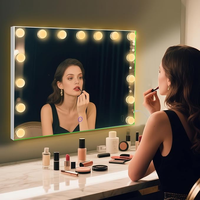 Hollywood Vanity Mirror with Lights, Lighted Makeup Mirror with 10x Magnification for Desk, Dimmable Led Bulbs, 3 Lighting Modes for College Dorm, Bedroom, Dressing Room (White)