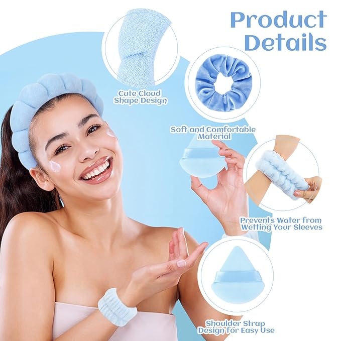 7Pcs Spa Set - Puffy Headband, Wristbands, Powder Puffs, Makeup Removal Terry Cloth Headband - Blue